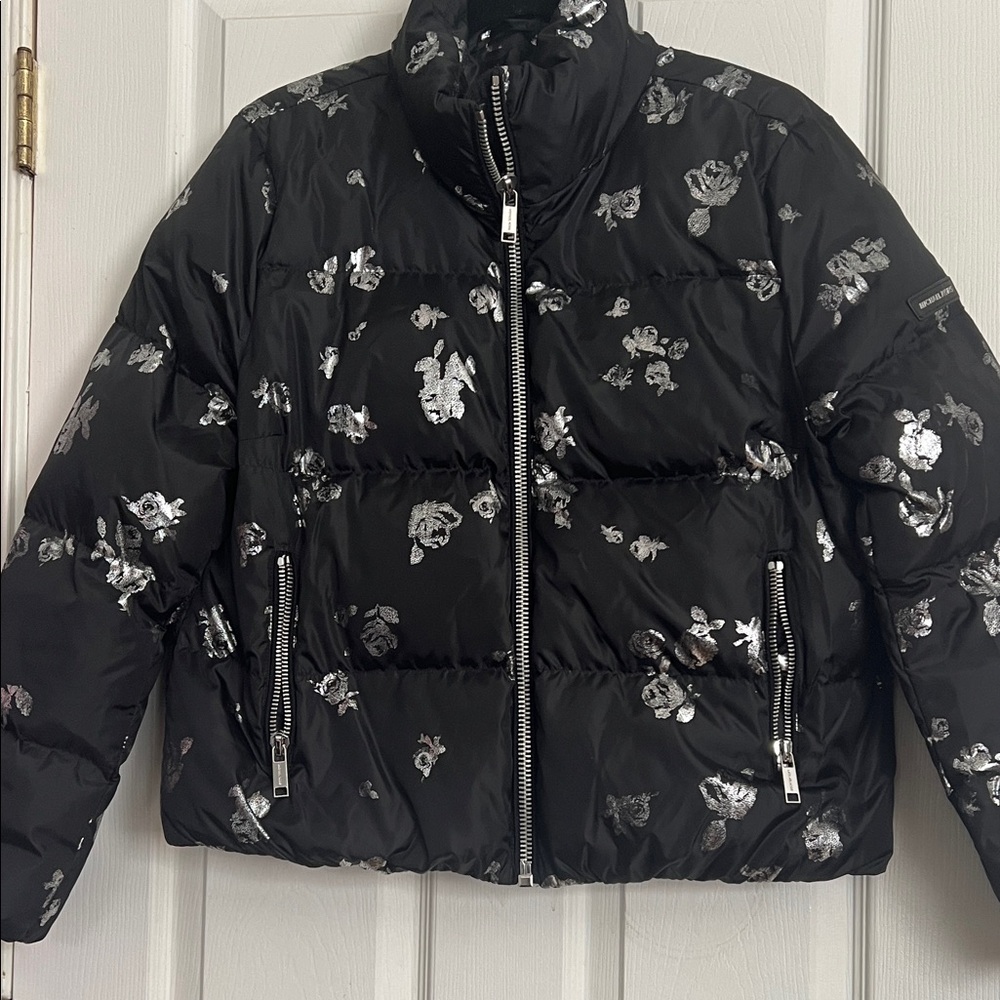 Michael Kors Black and Silver Floral Puffer Jacket